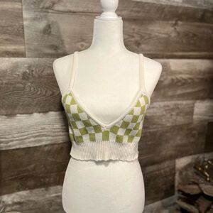 Kendall & Kylie green and white checked knit cropped tank - S